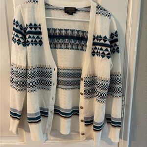 Pendleton White Blue Geometric Button Cardigan Sweater Knit Linen Cotton S